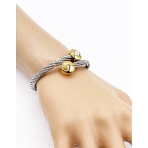 Silver Tone Twisted Cable Cuff Bypass Bracelet Gold End Caps Crystal Accent